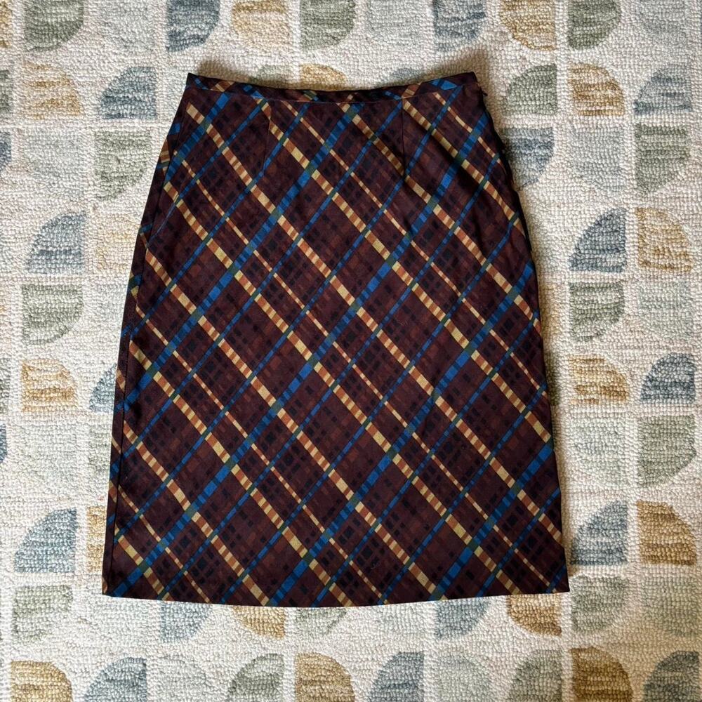 Vintage CLIO 90s Midi Skirt Suede-Like Fabric Plaid Design Dark Academia